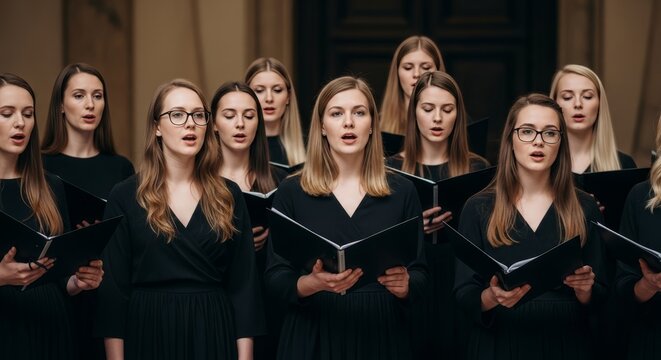 A diverse group of women singing in a choir performance holding sheet music