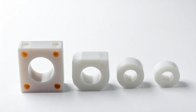 Precision engineered plastic spacers arranged in a scale of sizes showing incremental thickness for industrial manufacturing and mechanical assembly projects, presented on a clean white surface.