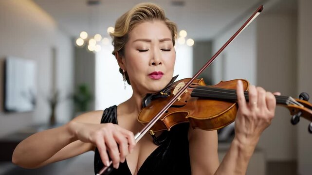 Female violinist plays with strong emotion. Bright indoor setting shows modern decor and soft lighting. Concept of music performance, artistic expression, entertainment industry