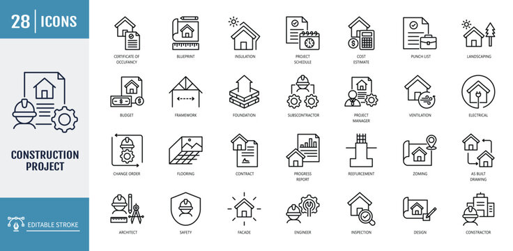 Construction project icon set. including design, blueprint, foundation, framework, excavation, concrete, architect. outline icon set. vector illustration with editable stroke
