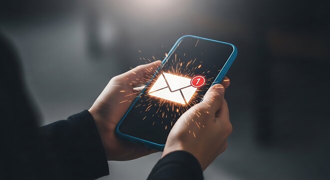 Person holding blue smartphone with glowing email and unread message notification mobile