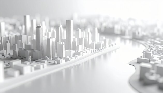 White monochrome clay model of a large city skyline with skyscrapers and buildings sitting along a curved river bank