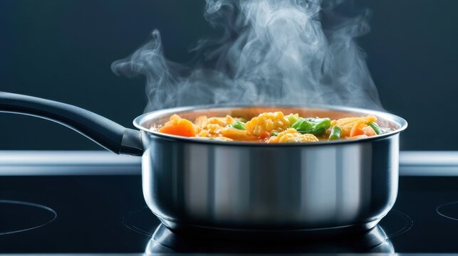 Stainless steel saucepan with hot steaming vegetable soup cooking on modern black induction stove in kitchen