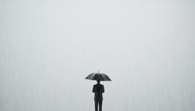 Minimalist depiction of lonely businessman standing under black umbrella in pouring rain against plain grey background