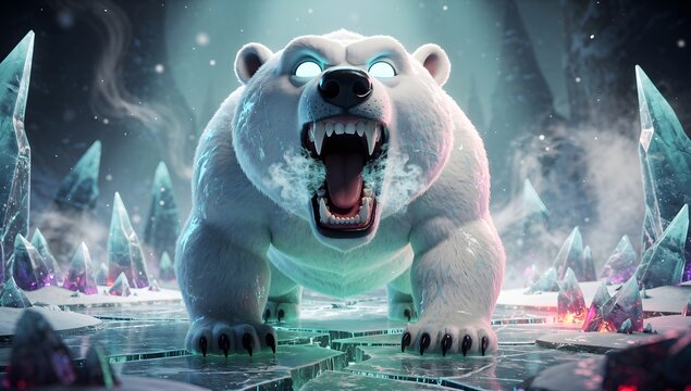 Angry Polar Bear Roaring in Icy Environment with Snow Effects
