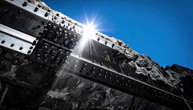 Rugged steel girder bolted to natural rock face with sunburst flare. This cinematic widescreen industrial structure highlights heavy engineering endurance for modern construction and infrastructure.