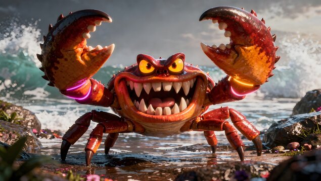 Angry Crab with Sharp Claws and Fierce Expression on Beach