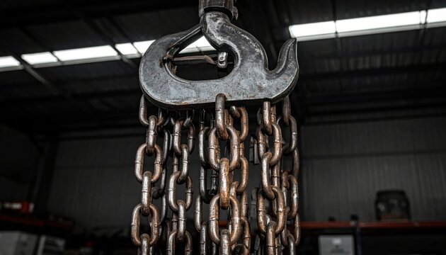 Industrial iron chains hanging from a heavy steel hook in a warehouse. Cinematic wide shot of rusted metallic lifting equipment suspended from rafters, showcasing strength and construction utility.