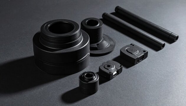 Matte black plastic components organized by size on a dark surface, showcasing precision engineering, uniform textures, modular assembly pieces, industrial hardware elements, and minimalist aesthetics