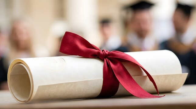 Diploma scroll with red ribbon on graduation ceremony stage.