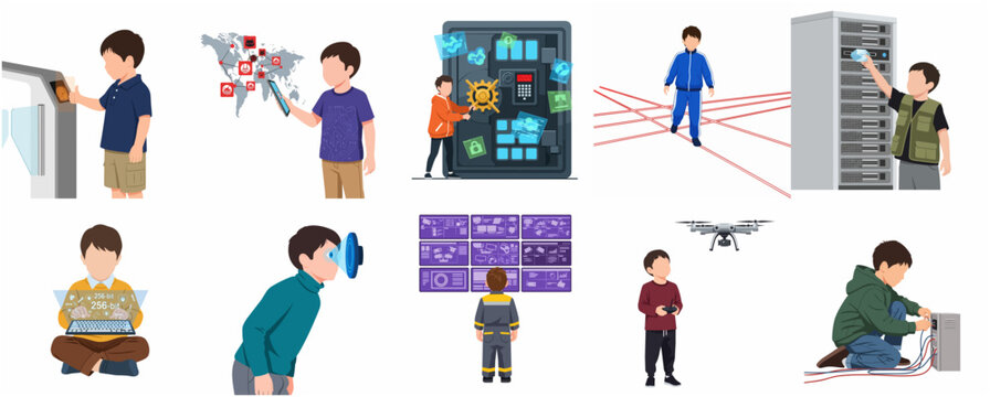 Child genius and cybersecurity concept illustrations set featuring young hackers and tech experts using biometric scanners, servers, and drones