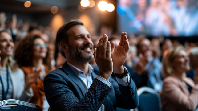 Packed conference auditorium filled with smart professionals in business attire rising to applaud enthusiastically following a compelling keynote presentation on emerging technology,