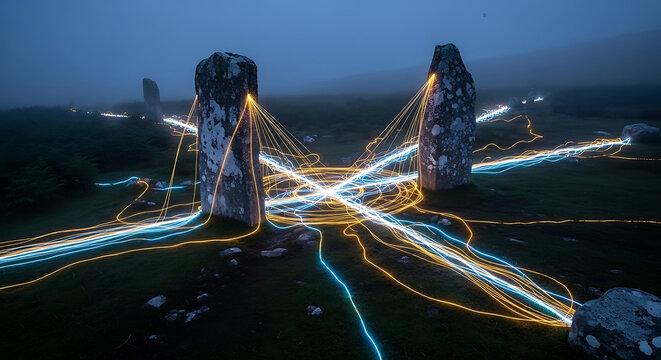 HIPAA Compliance and Medical Privacy Concept with Glowing Data Networks Connecting Ancient Monoliths in a Foggy Landscape Representing Secure PHI