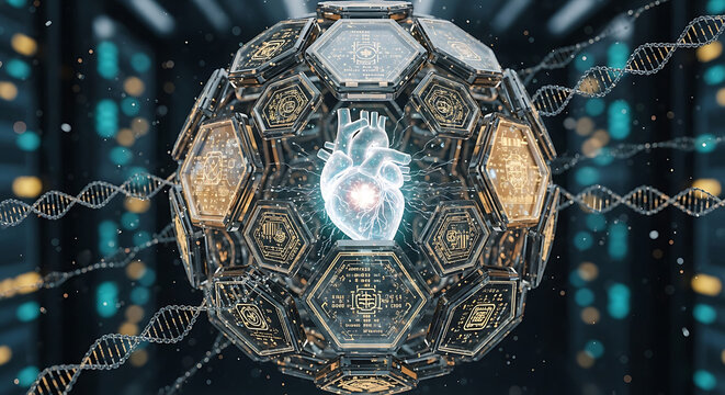 Futuristic Digital Heart in a Secure Tech Sphere Representing HIPAA Compliance Medical Privacy and Healthcare Data Security in a Modern Server Room