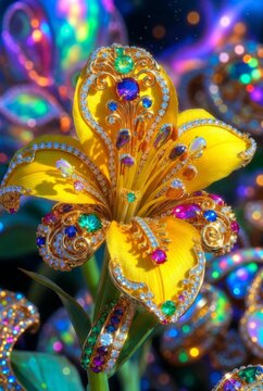 Fiore di amarilli dorato con gioielli e gemme preziose, macro di lusso in stile fantasy, illustrazione generata da AI