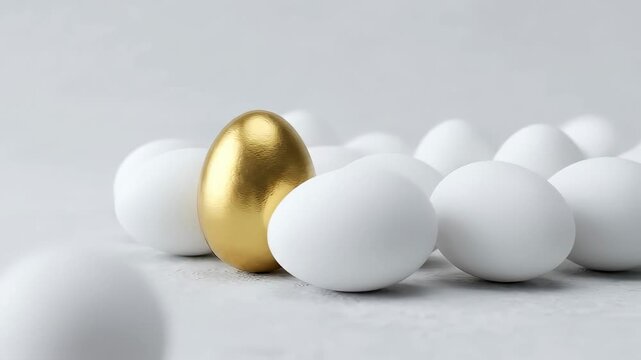 Golden egg placed among white eggs on grey surface. Simple arrangement in neutral tones. Concept of creativity, luxury, marketing