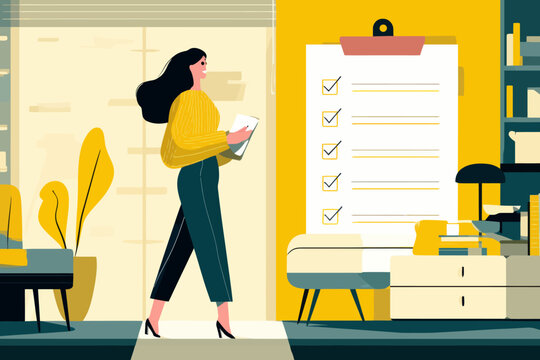Young asian female in yellow office setting with checklist and modern decor