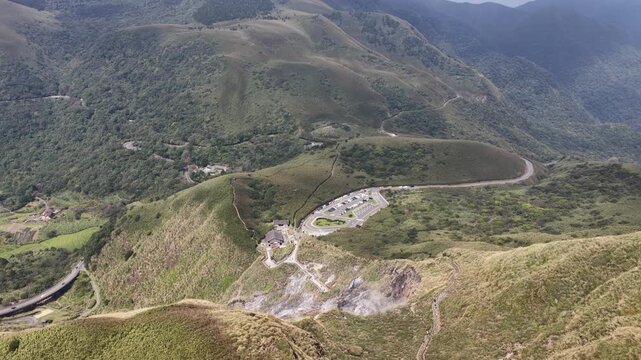 Aerial view of steaming fumaroles in yangmingshan national park, taiwan