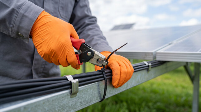 Technician tightening cable tie on solar panel rail with safety gloves during maintenance procedure