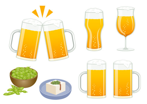 ビールと枝豆、冷奴のおつまみセット ベクターイラスト