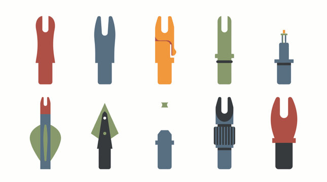 Set of 10 Arrow Nock Tools Vector Illustrations for Bowstring Alignment, Flat Design Concept for Sporting Equipment