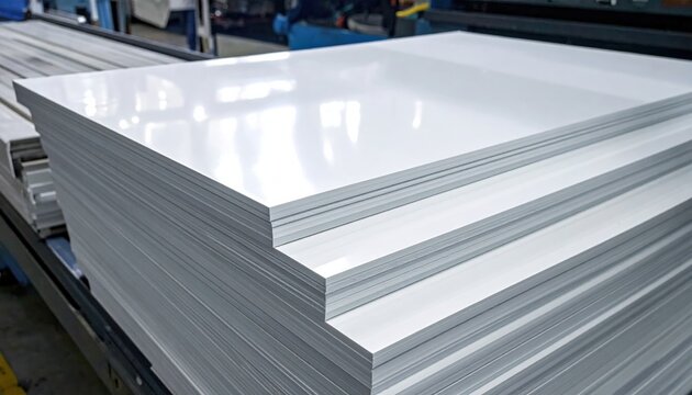 Industrial stack of glossy white plastic sheets layered on heavy metallic pallets in a manufacturing facility, representing precision materials for construction, interior design, and signage projects.