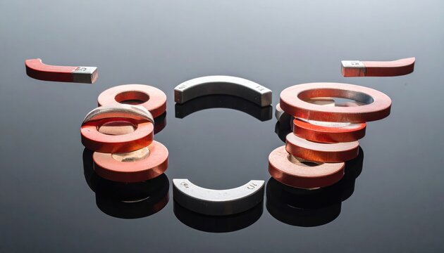 Stacked ring magnets showing magnetic repulsion and floating physics in a widescreen composition. This experimental setup demonstrates invisible electromagnetic forces using metal hardware components.