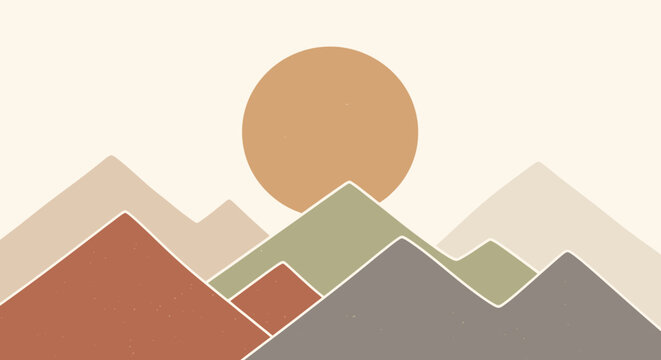 Abstract geometric mountain landscape with a serene sun, capturing a minimalist sunrise or sunset in earthy tones, perfect for modern design aesthetics and peaceful backdrops