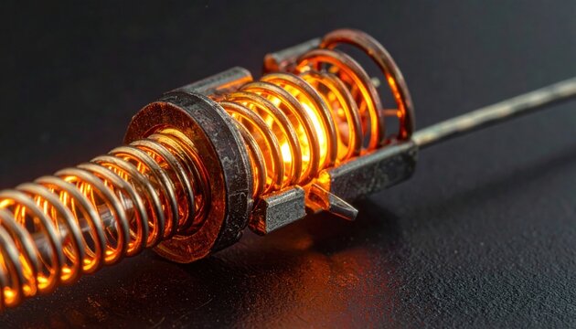 Macro closeup of a glowing incandescent filament heating element encased in modular steel pins and precision coils, capturing energy transfer and industrial electrical engineering thermal components.