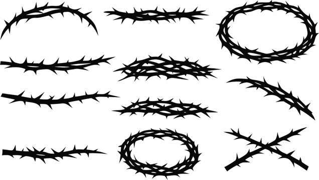 Detailed collection of sharp thorny branch silhouettes and organic briar elements for crown of thorns or nature designs isolated on white background. Versatile flat vector set for symbolic graphics.