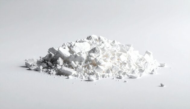 Crushed white plastic particulates forming a pile of small irregular debris with matte texture on a light surface, captured in a detailed widescreen perspective for industrial or research use.