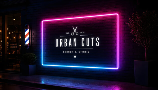 "Barbershop storefront at night with glowing pink and blue neon sign mockup"