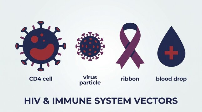Hiv and immune system icons with blood drop human body red ribbon cd4 cell