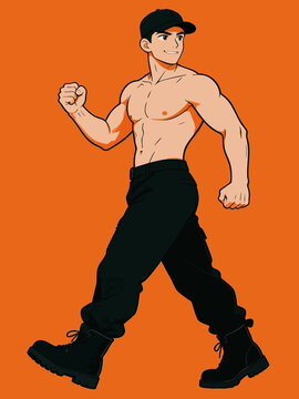 Muscular Young Male Anime Character Striding Confidently