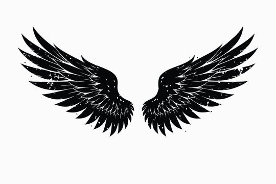 Grunge Style Black Wings With Detailed Feather Texture on White Background Simple Flat Vector Illustration for Tattoo Design Emblem Logo or T Shirt Print Graphic Element for Creative Art Projects.
