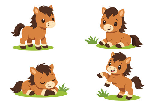 Set of four adorable cartoon foals in different poses including standing, sitting, sleeping, and rearing. Cute brown baby horse vector illustration on white background with green grass patches.