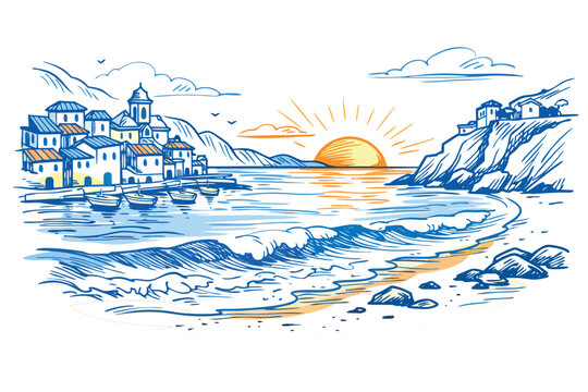 Charming collection of hand drawn Mediterranean coastal village sketches with blue harbor houses dramatic seaside cliffs tranquil ocean waves and picturesque summer travel scenery.