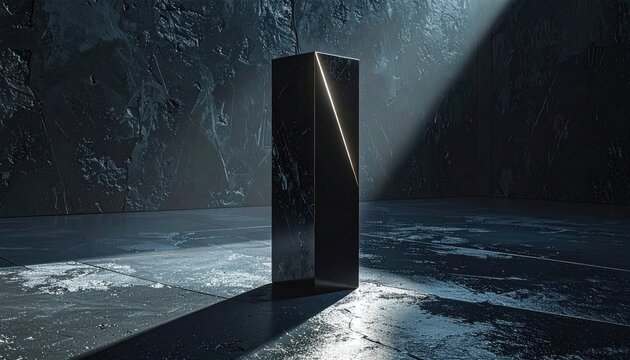 A sleek obsidian monolith standing upright on a textured stone floor, casting sharp geometric shadows under a single ray of dramatic light in a cinematic wide composition, perfect for abstract art.