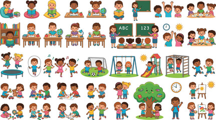 Fototapeta premium Cute cartoon children characters set participating in school classroom activities and playing on a diverse playground isolated on black background