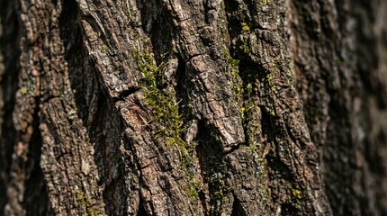 Obraz premium Close-up of natural tree bark texture with moss, AIzaSyDDgoxrPgSbFCIAhSC8h0DcHjQgnK4Y0b8, photorealistic detail