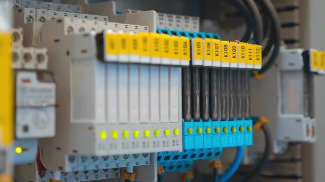 Rows of different modular solid state relays with flashing LEDs in industrial electrical equipment. Closeup. Macro. Shallow depth of field. Follow focus