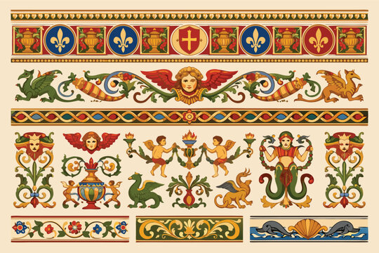 Elegant Italian Renaissance fresco borders and Florentine grotesque vector ornaments in a simple flat style. Classic decorative frames featuring floral motifs, scrolls, and artistic vintage patterns.