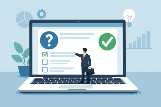 Professional vector illustration of a miniature businessman character standing on a giant laptop keyboard, pointing at a digital online test form with a large question mark on the screen.