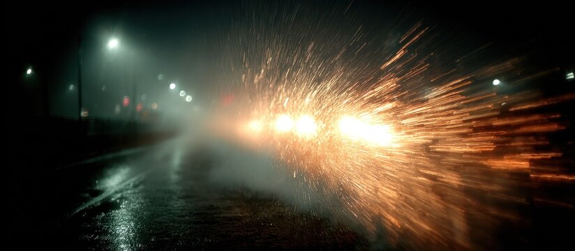 A car drives through rain and fog at night, headlight trails visible