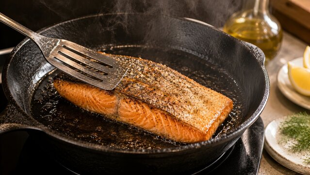 Mediterranean Salmon Bowl step by step, Stage 5 of 8: Searing Salmon, Mediterranean Salmon Bowl cooking process