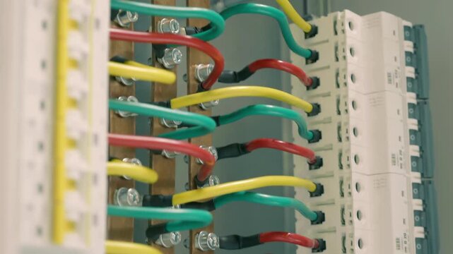 Thick power wires connect electrical devices and a large, powerful on-off switch in industrial equipment. Closeup. Shot in motion