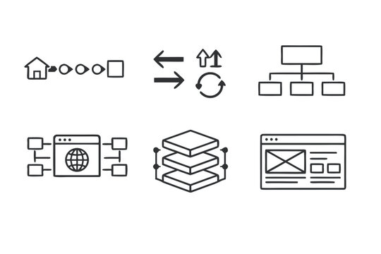 Minimalist UX navigation line icon set featuring breadcrumb pathways, UI arrows, page hierarchy symbols, and interface directional elements for modern web design and mobile application layouts.