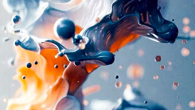 Abstract paint splash with mixing blue orange white liquid colors creating dynamic patterns and droplets on a bright background color explosion digital art colorful liquid