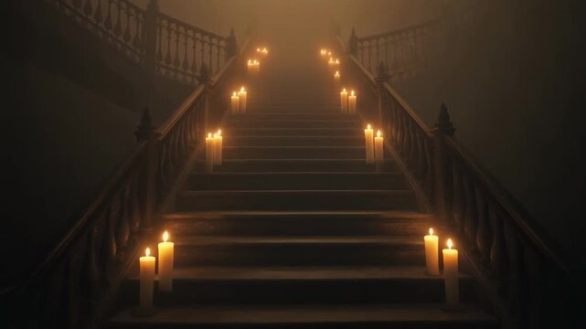 Staircase Illuminated by Candles in Dim Scene