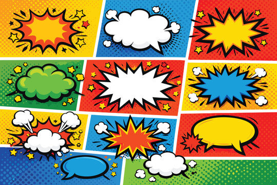 Colorful comic callout speech bubble halftone collection in a vibrant flat vector style for pop art designs, expressive communication, and dynamic graphic storytelling elements for Adobe Stock.
